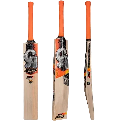 Three views of a cricket bat on a plain white background, showing the front, back, and side profiles. The bat has a light natural wood blade with black, white, and orange graphics, and bright orange handles.