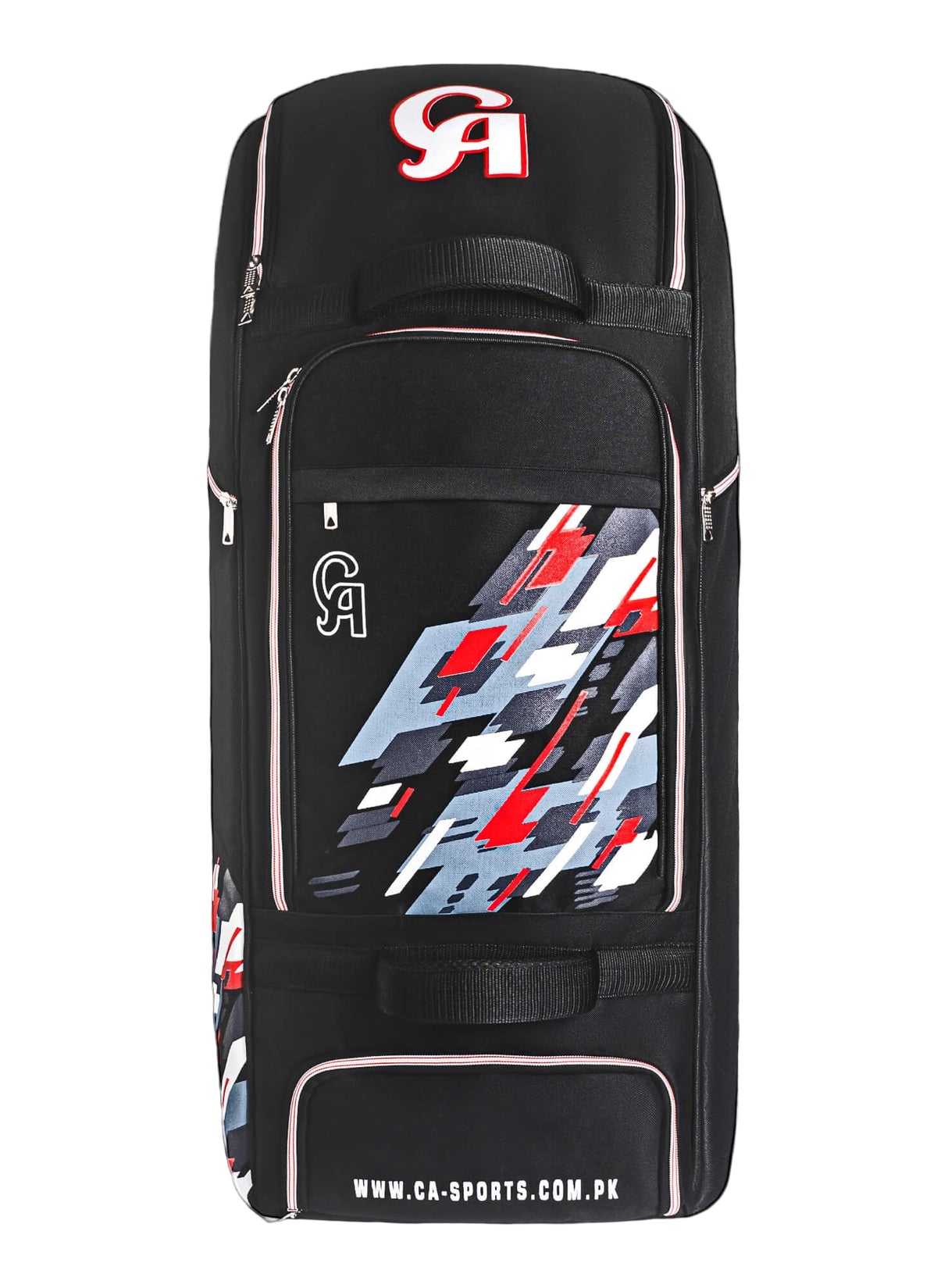Black sports bag with geometric design and visible branding on a black background