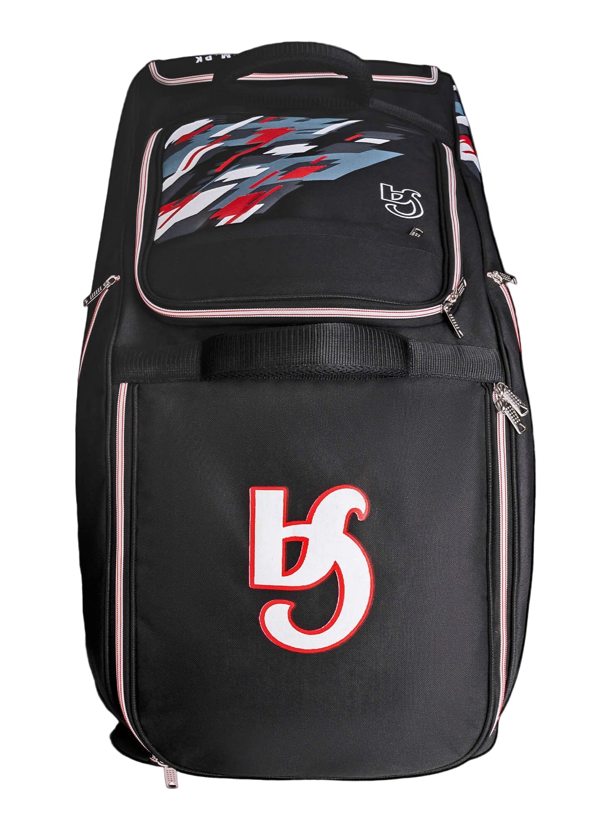 Black backpack with colorful design and logo on a white background