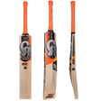 Three views of a cricket bat on a plain white background, showing the front, back, and side profiles. The bat has a light natural wood blade with black, white, and orange graphics, and bright orange handles.