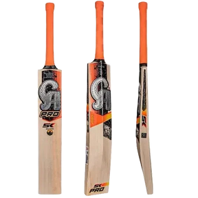 Three views of a cricket bat on a plain white background, showing the front, back, and side profiles. The bat has a light natural wood blade with black, white, and orange graphics, and bright orange handles.