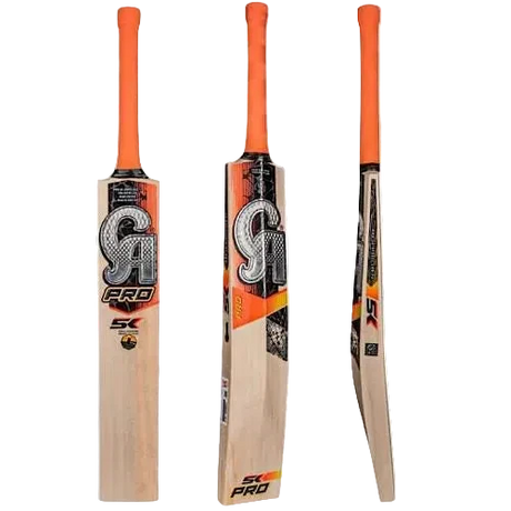 Three views of a cricket bat on a plain white background, showing the front, back, and side profiles. The bat has a light natural wood blade with black, white, and orange graphics, and bright orange handles.